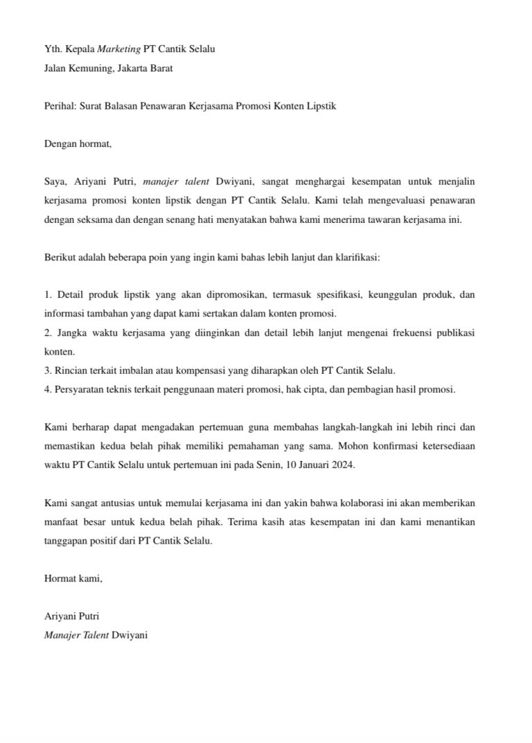 Contoh Surat Balasan Penawaran Barang Kerjasama Formatnya