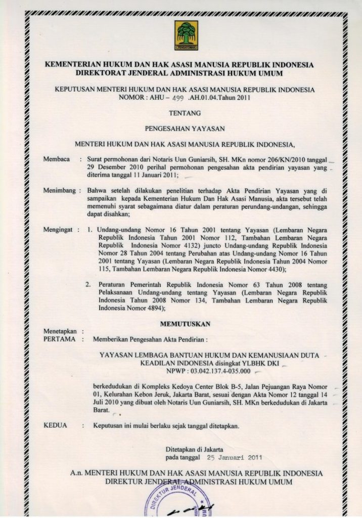 Contoh surat keputusan pendirian yayasan