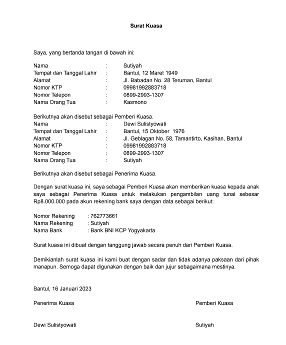 Surat kuasa Bank BNI