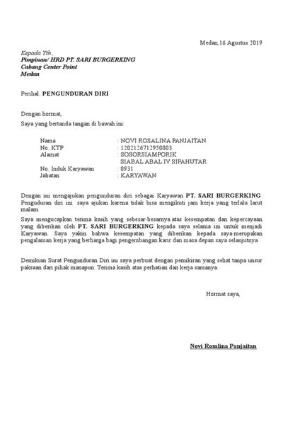 Contoh Surat Pengunduran Diri Kerja Yang Baik Dan Sopan 