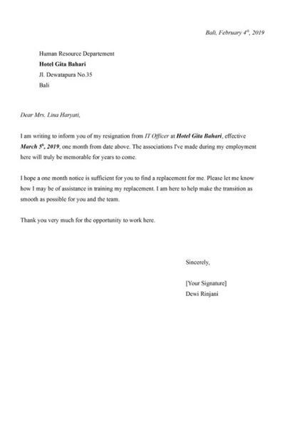 surat pengunduran diri kerja dalam bahasa inggris