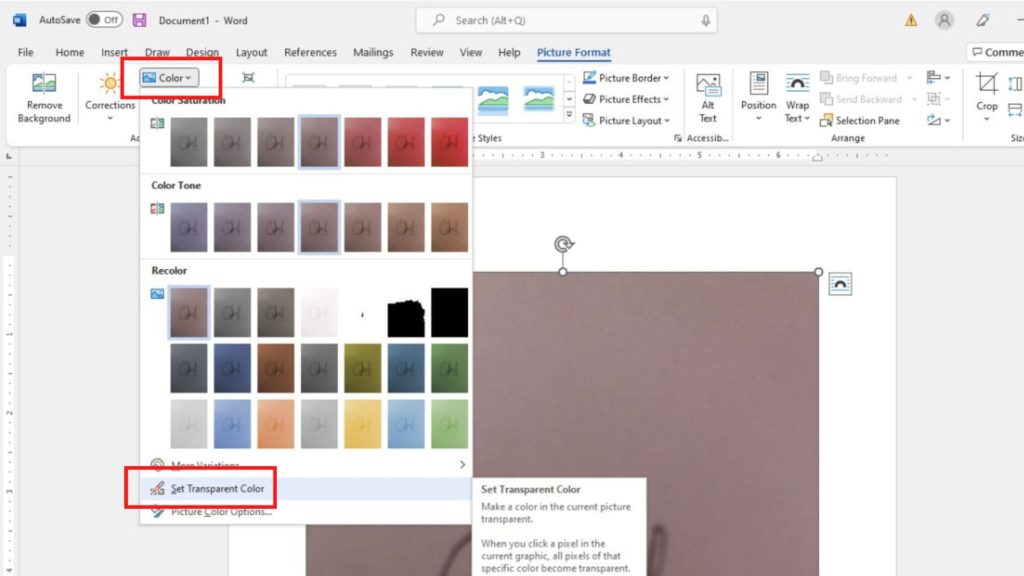 menu set transparent color di Microsoft Word