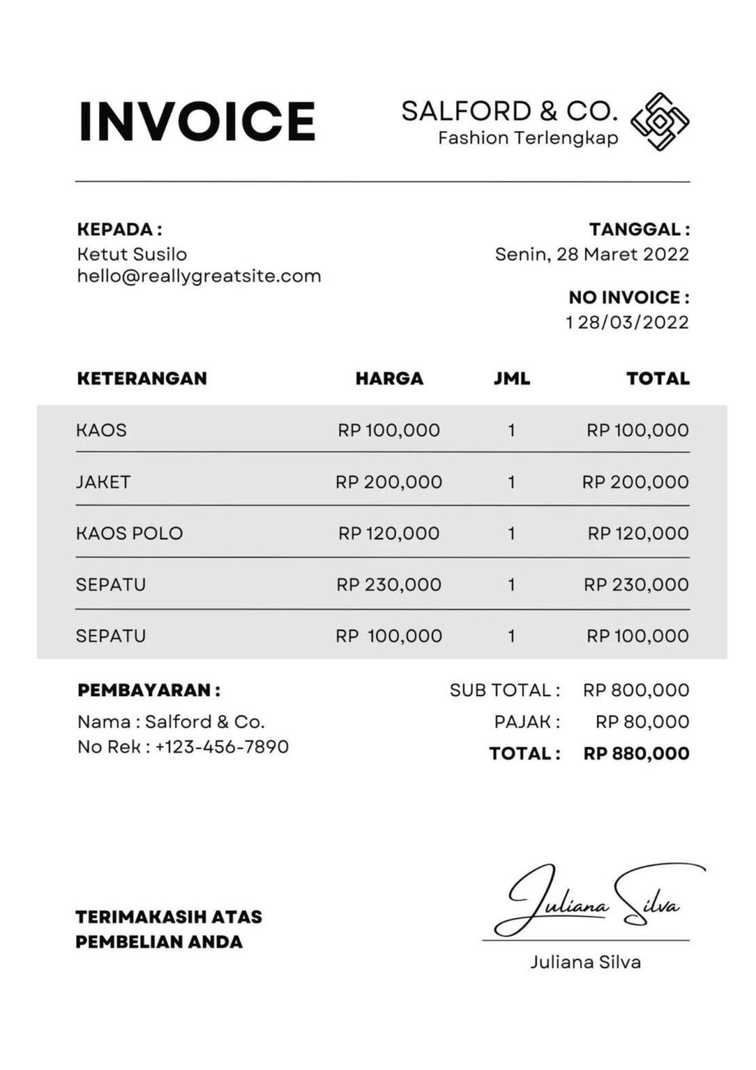 Contoh Format Invoice atau Surat Tagihan brankasarsip