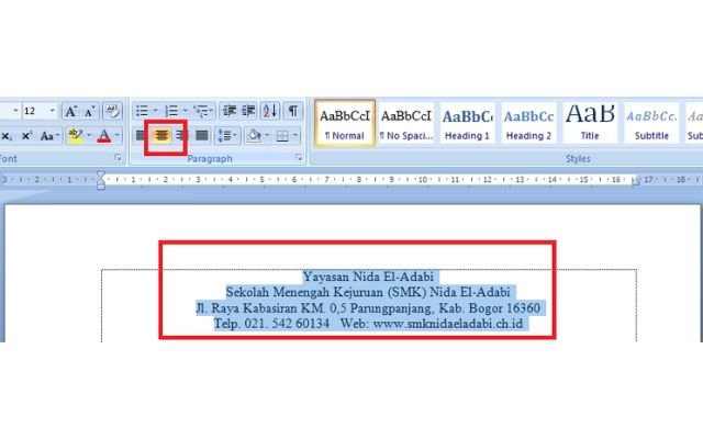 Kop surat dan alignment tengah di Microsoft Word