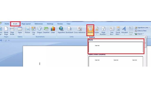 Tab Insert dan header di Microsoft Word