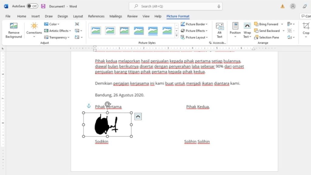 memasukkan tanda tangan ke file Microsofft Word