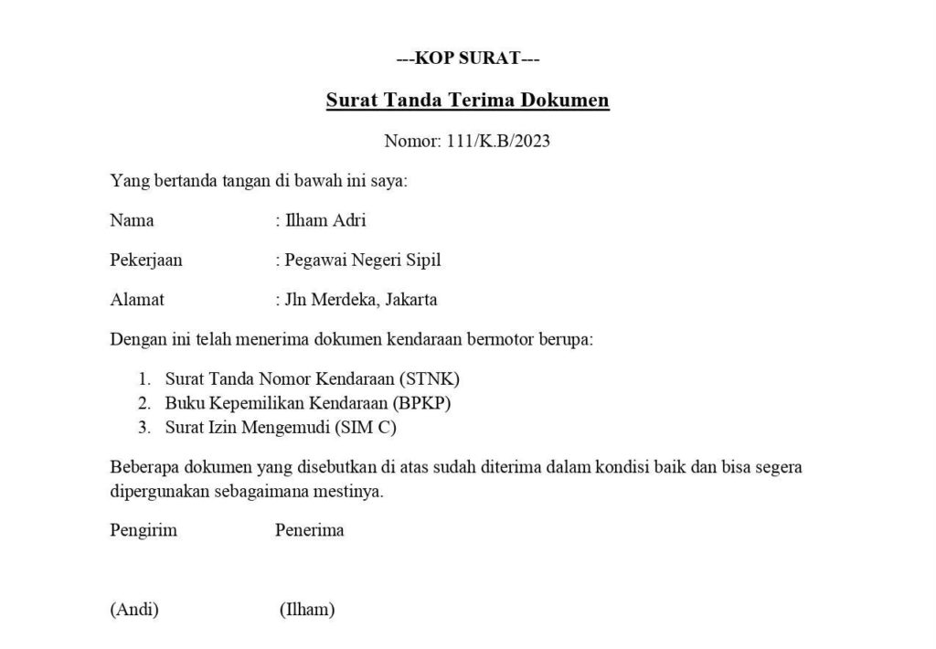 contoh surat tanda terima dokumen kendaraan bermotor