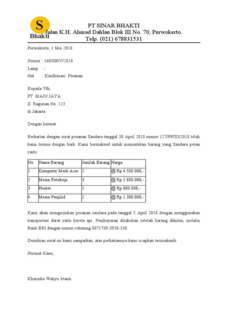 6 Contoh Surat Konfirmasi Pesanan And Format Membuatnya