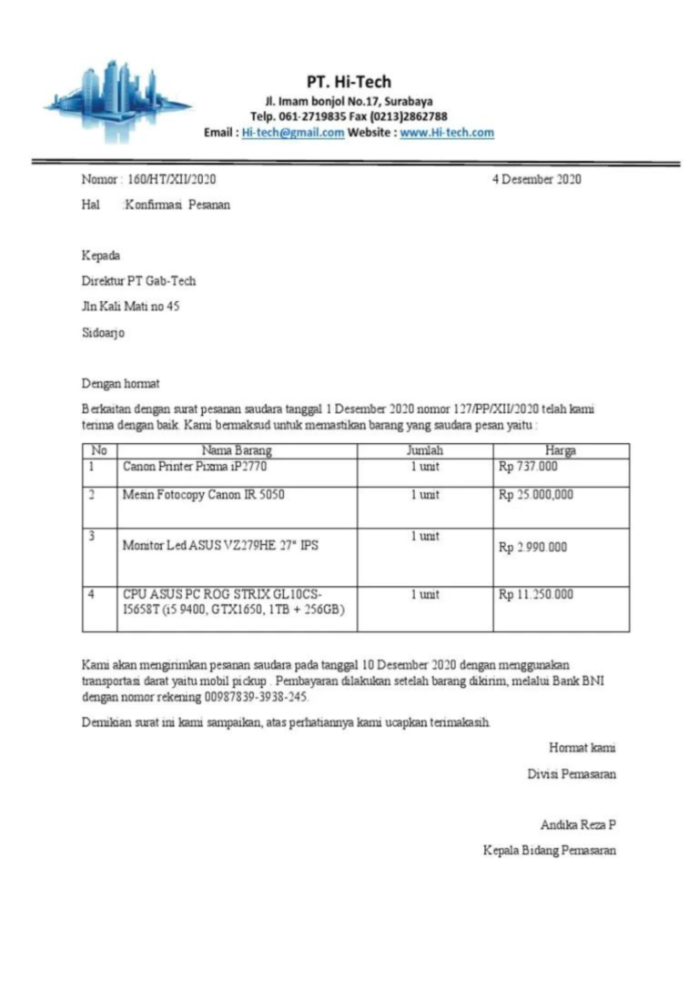 6 Contoh Surat Konfirmasi Pesanan & Format Membuatnya