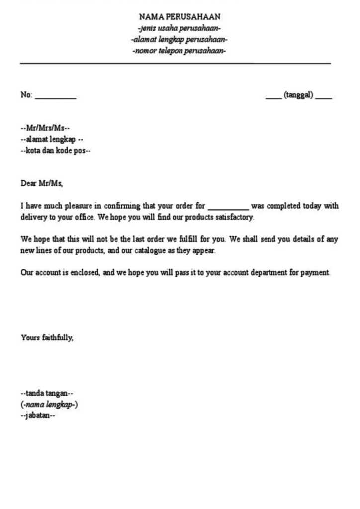 surat konfirmasi pesanan dalam bahasa Inggris