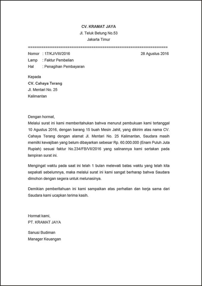 Contoh surat penagihan hutang sederhana 