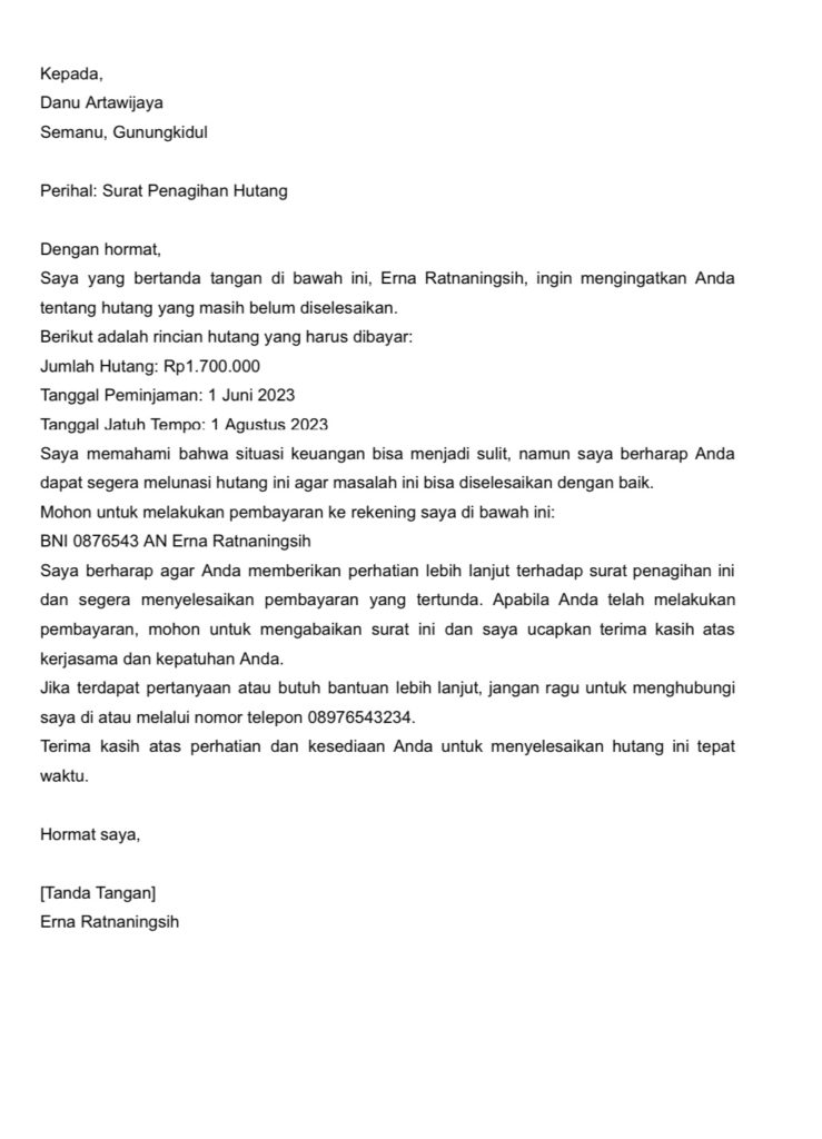 Contoh surat tagihan hutang perorangan