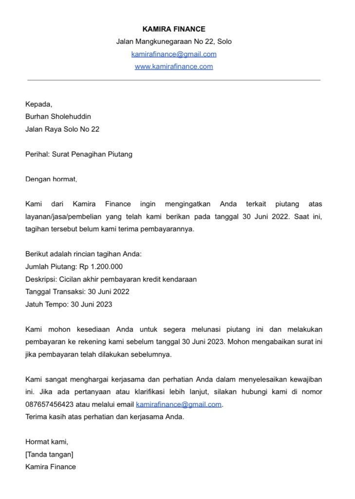 contoh surat tagihan piutang