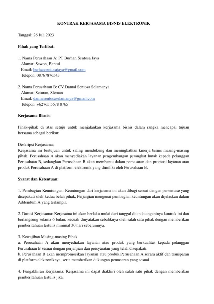 kontrak kerjasama bisnis elektronik