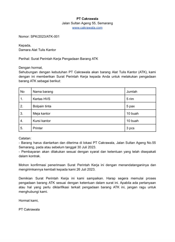 contoh surat perintah kerja pengadaan ATK 