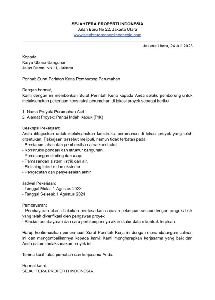 Contoh surat perintah kerja properti