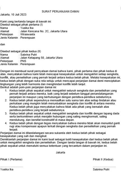 surat perjanjian damai sengketa tanah