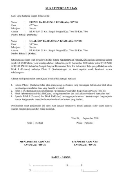 surat perjanjian damai penganiayaan