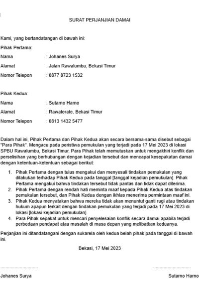 surat perjanjian damai pemukulan