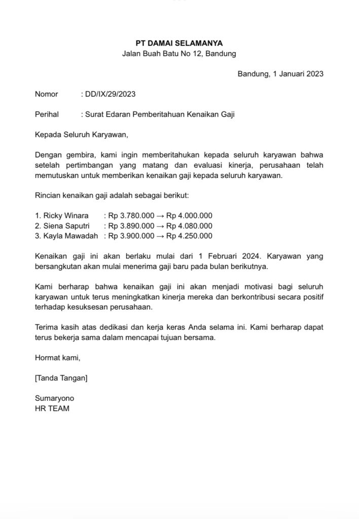 surat edaran pemberitahuan kenaikan gaji 