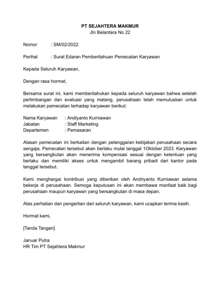 surat edaran pemberitahuan pemecatan karyawan