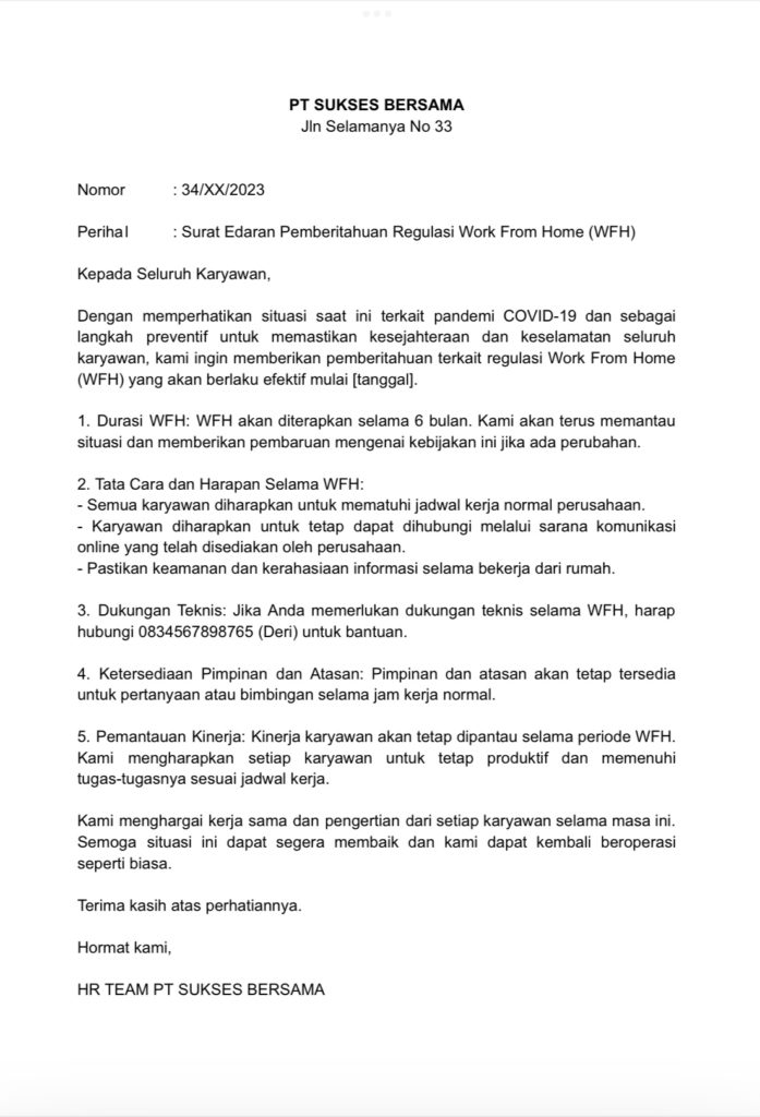 surat edaran regulasi Worf from Home (WFH)