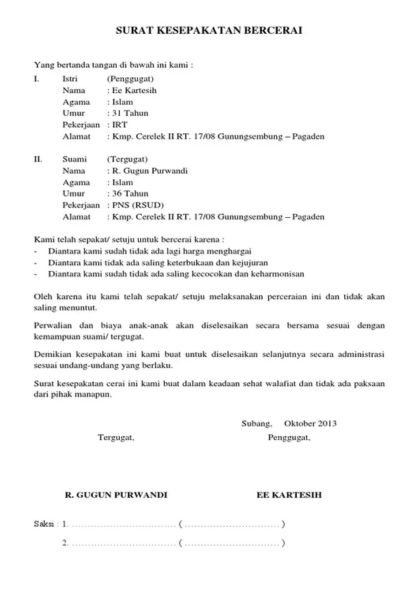 contoh surat kesepakatan bercerai