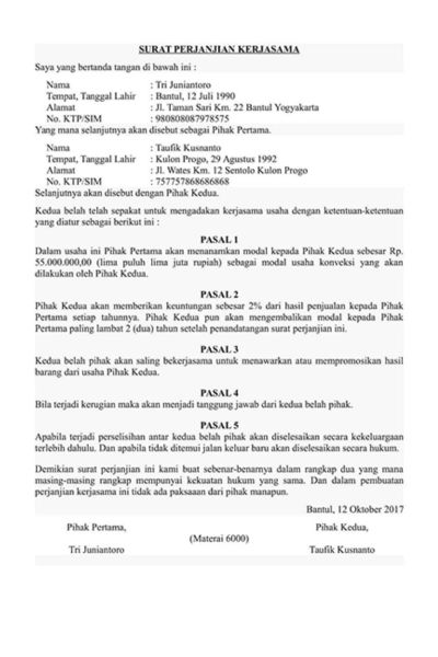 contoh surat perjanjian kerjasama