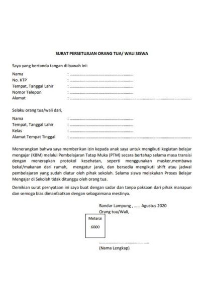 contoh surat persetujuan orang tua/wali siswa