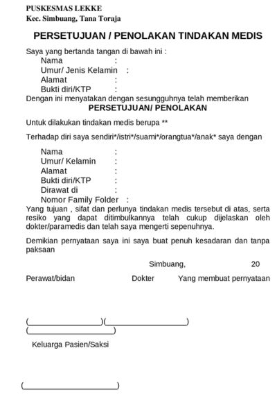 contoh surat persetujuan tindakan medis