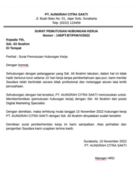 Contoh Surat PHK Karyawan Dan Etika Pemutusan Hubungan Kerja Yang Baik