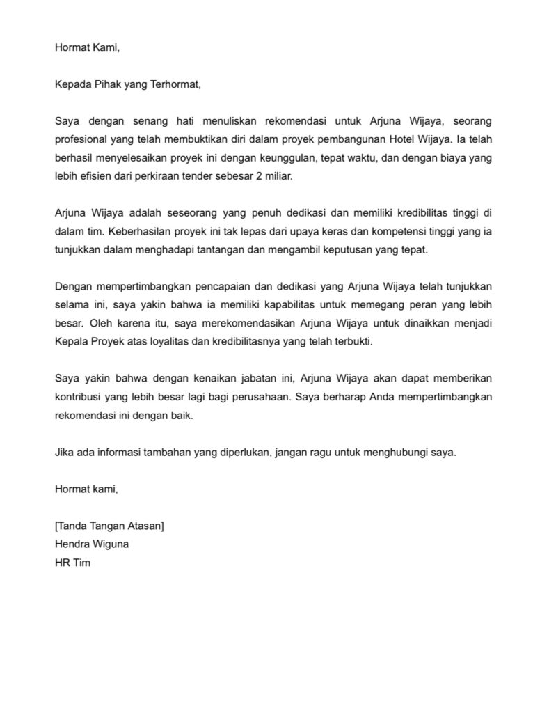 surat rekomendasi kenaikan jabatan