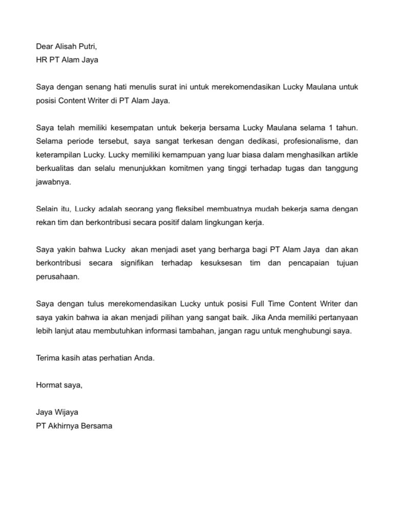 surat rekomendasi semi formal untuk melamar pekerjaan