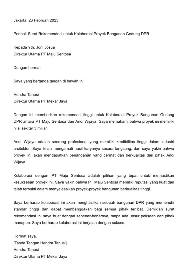 surat rekomendasi kolaborasi proyek