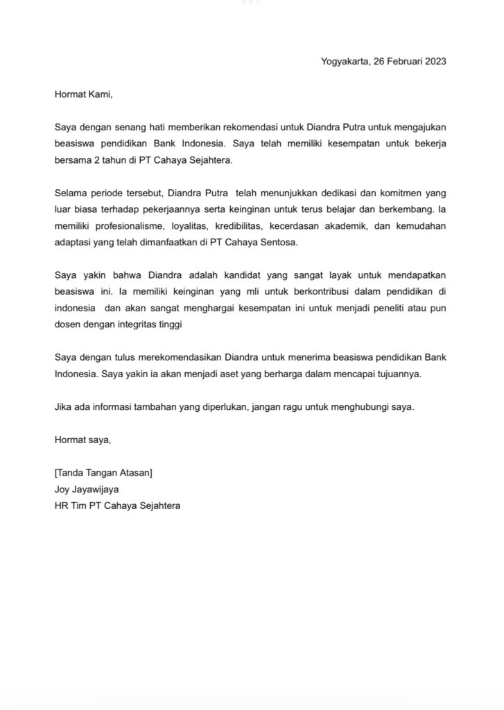 surat rekomendasi melamar beasiswa