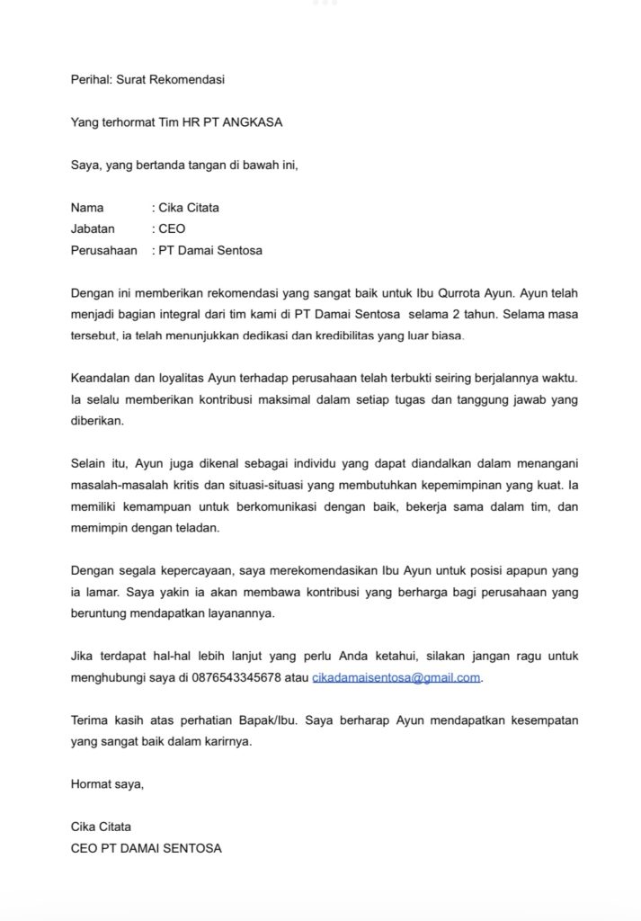 surat rekomendasi resmi untuk melamar pekerjaan