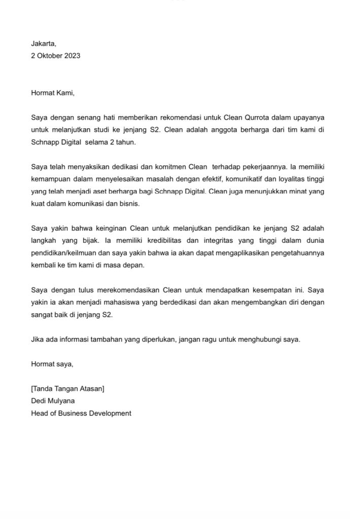 surat rekomendasi studi s2