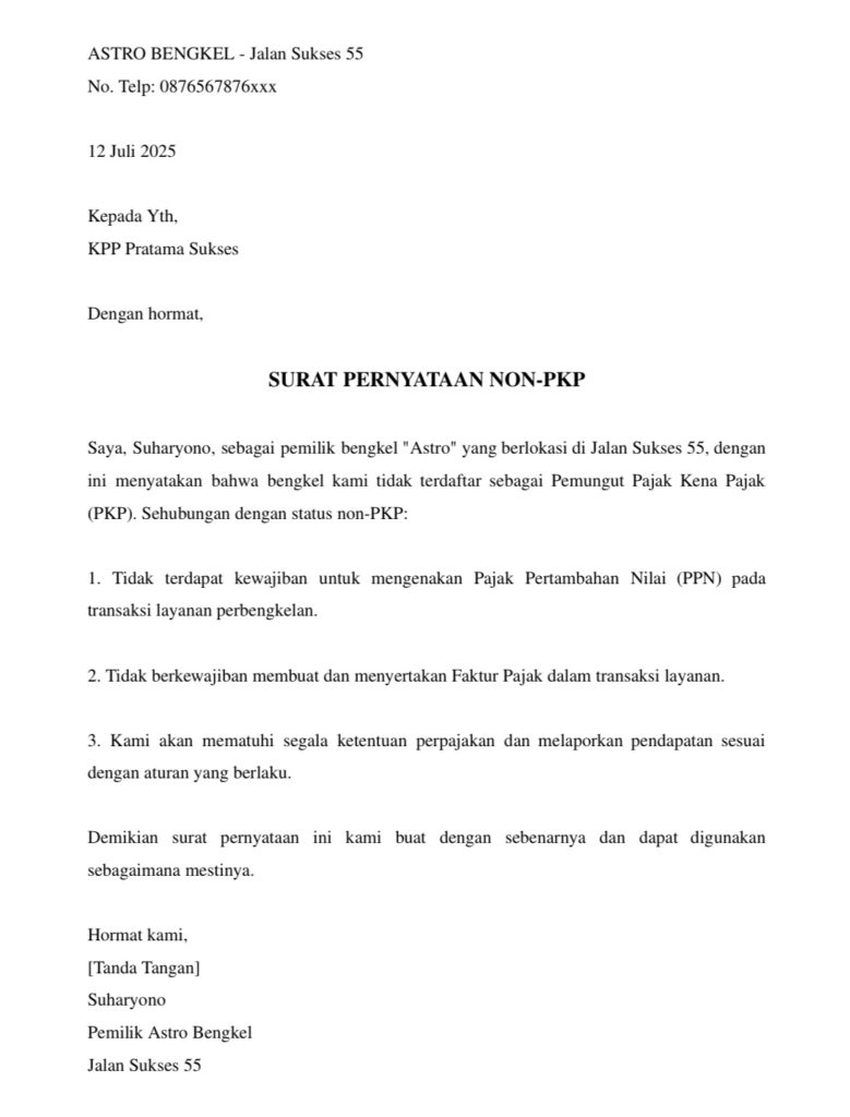 Contoh surat pernyataan non-PKP bengkel 