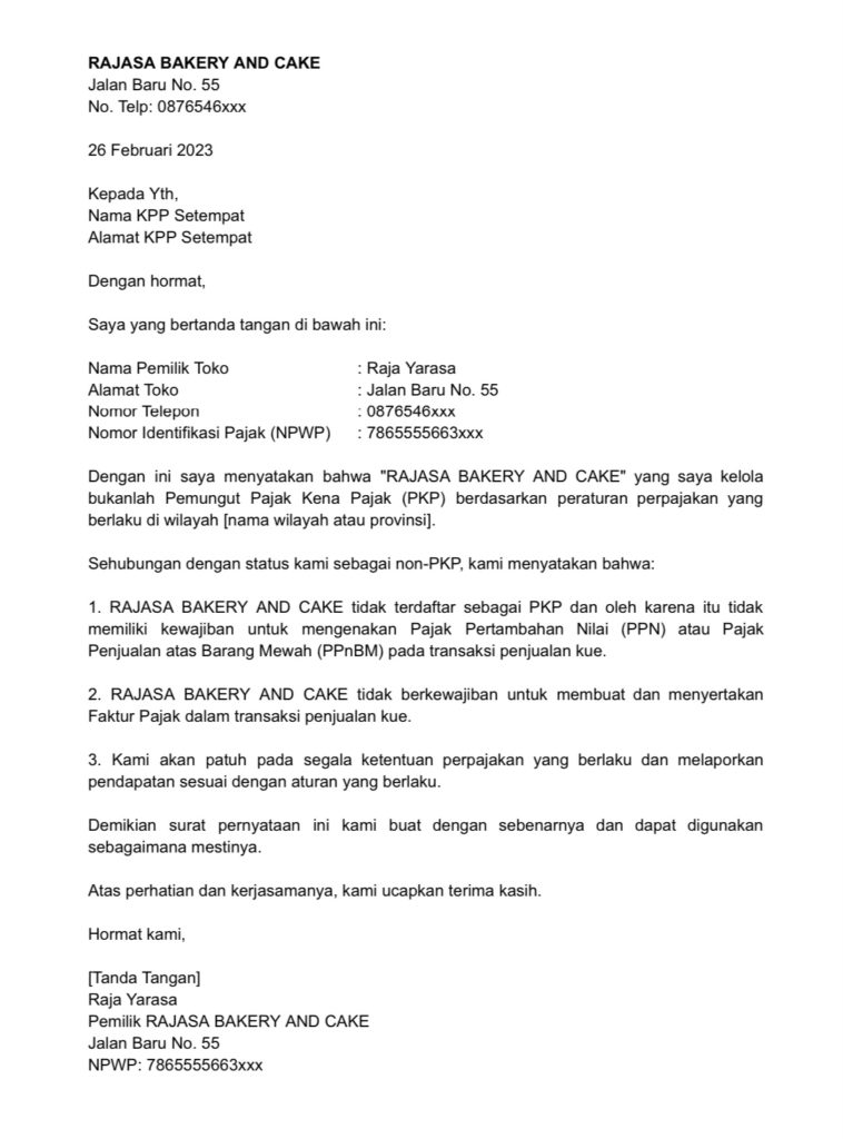 Contoh surat pernyataan non-PKP toko kue  rajasa bakery and cake