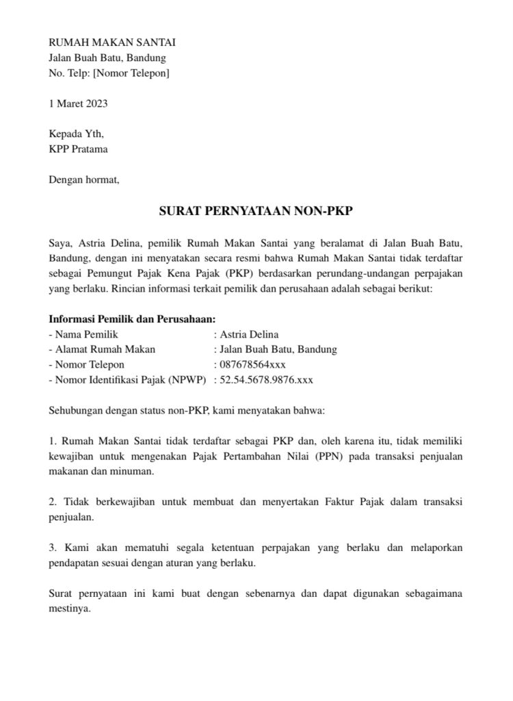 Contoh surat pernyataan non-PKP rumah makan 