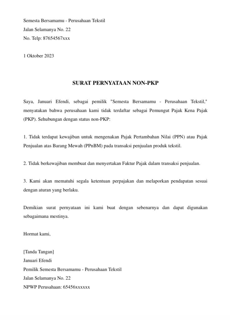 Contoh surat pernyataan non-PKP perusahaan 